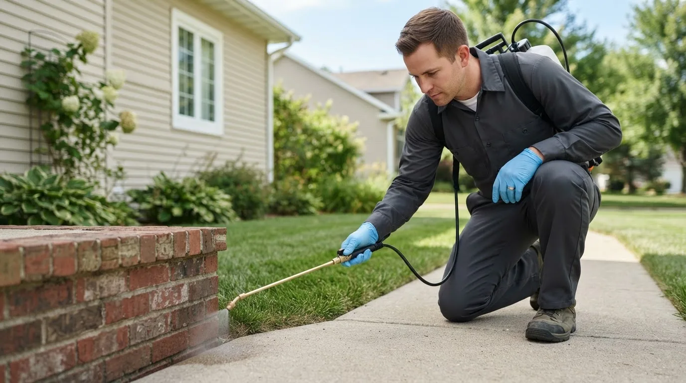 Pest control technician treating a home near Waynetown, IN
